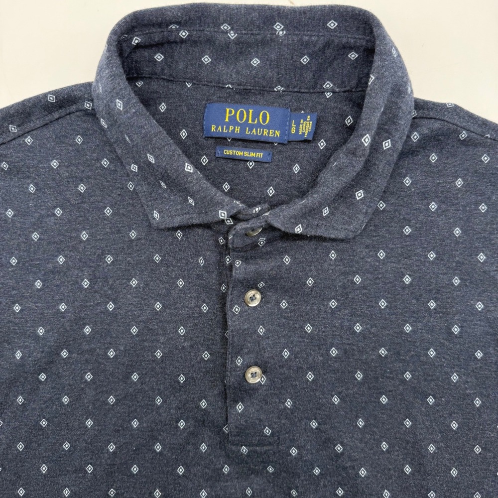 Polo Ralph Lauren Polo Shirt Mens L Navy Blue Diamond Print Custom Slim Fit